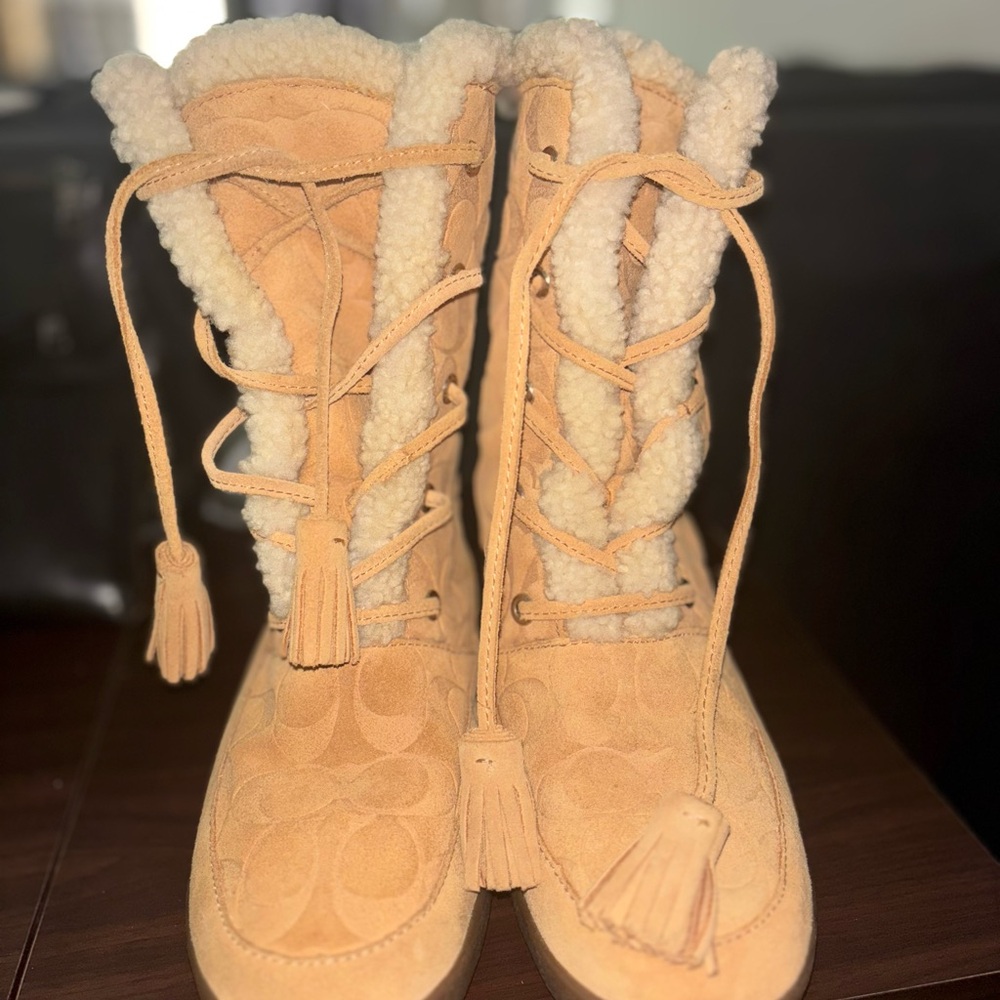 COACH Tuesday Camel Natural Suede Logo Tassel Boots